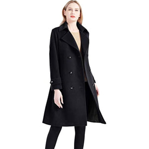 FINEJO  Women's Superior 100% Wool Trench Coat, Classy Long Wool Coat with Belt