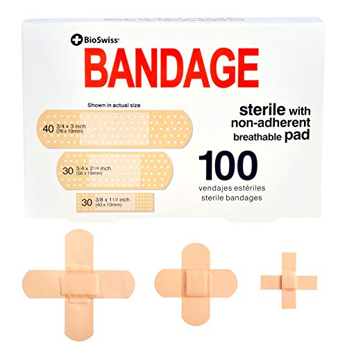 100PK 3 Assorted Sizes Adhesive Bandages in Bioswiss Brand, Medical Grade