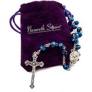 Nazareth Store Deep Blue Crystal Beads Rosary Catholic Necklace Holy Soil Medal