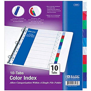 Bazic 3 Ring Binder Tabs with 10 Dividers, 9.5 x 0.1 x 12.3 Inches, Multi-Color