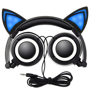 Cat Ear Wired Foldable Adjustable Hearsets Earphones Flash Blue Light for Mp3