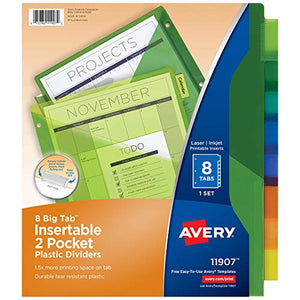 Avery 8-Tab Plastic Binder Dividers with Pockets, Insertable Multicolor Big - Like New