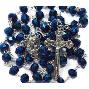 Nazareth Store Deep Blue Crystal Beads Rosary Catholic Necklace Holy Soil Medal