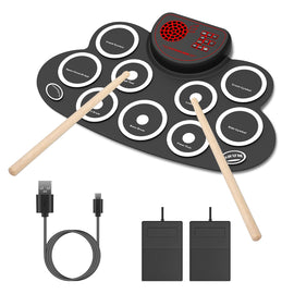 10 Pads Electric Drum Set Foldable 10-Drum Silicon Drum Kit Foldable Electronic Drum Pad Machine with Drum Sticks Headphone Jack Speaker Battery Dual-Pedal